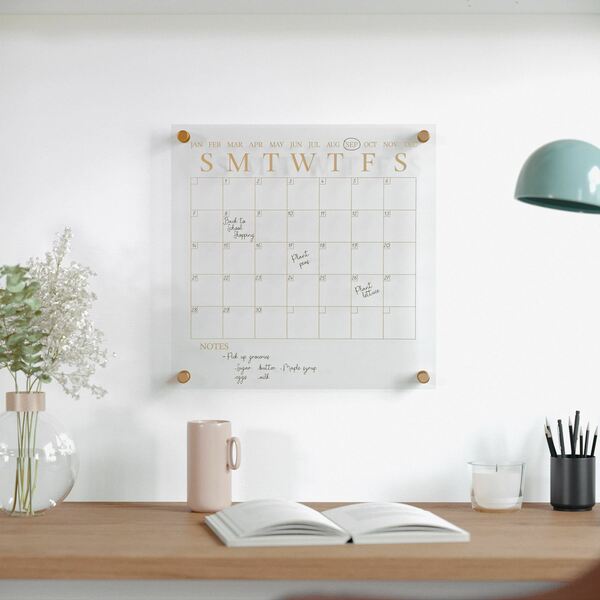 Martha Stewart Grayson Acrylic Dry Erase Wall Calendar w/Dry Erase Mrkr and Mntng Hrdwr, 14in. Sq, Clr w/Gld Prnt BR-AC-3636-GD-CLRGLD-MS